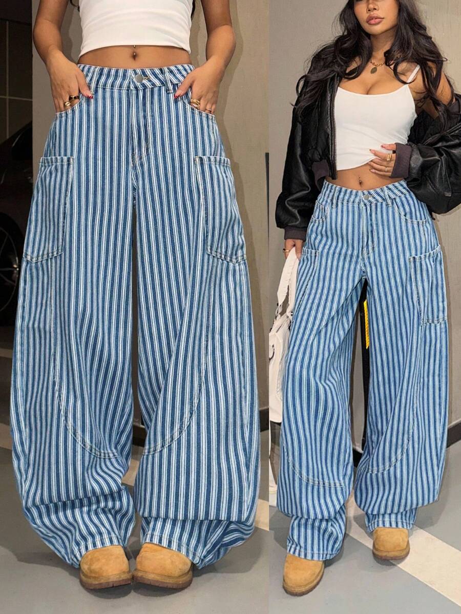 StreetHx Women's Casual Flared Leg Striped Jeans - Light Wash - View 1