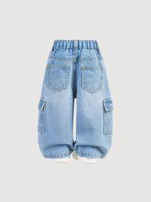 SHEIN Baby Boys' Street Cool Washed Camo Cargo Pocket Loose Fit Denim Jeans,Casual And Versatile For Baby Boys Fall/Winter Clothes - Dark Wash - View 2