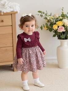 SHEIN 女婴针织圆领荷叶边连衣裙，莲藕粉色 - 酒紅色 - 查看 7