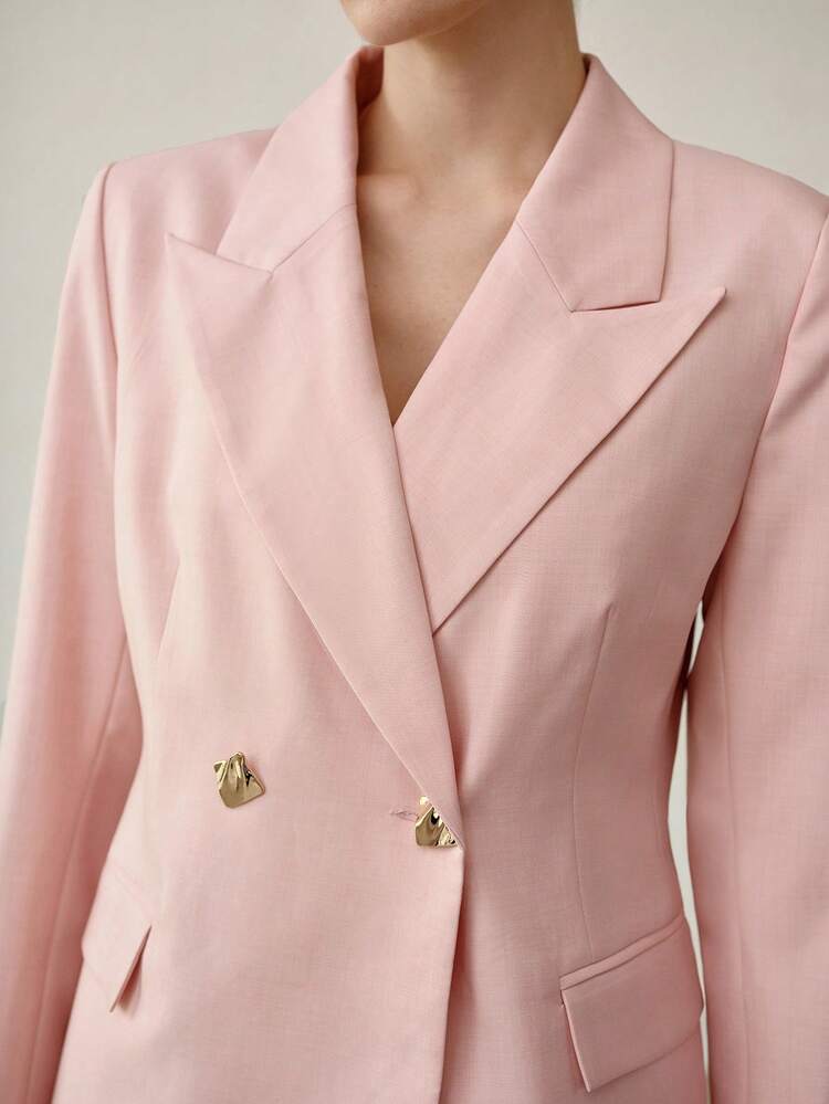 2PCS WOMEN'S FASHIONABLE WAIST CINCHED BLAZER AND WIDE LEG SUIT PANTS, PINK