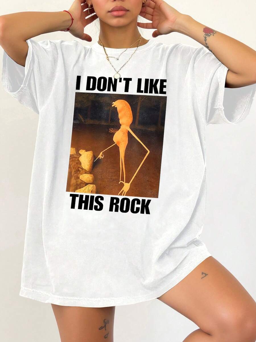 INAWLY 女士标语印花圆领短袖休闲宽松T恤 - 白色 - 查看 1