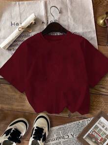 男婴休闲宽松舒适复古汽车、卡通、涂鸦、英文字母印花短袖上衣，适合夏季穿着 - 酒紅色 - 查看 5