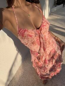 Sunnyshic 女士休闲度假日常百搭时尚户外派对波西米亚风佩斯利印花网纱层叠荷叶边腰带连衣裙，春夏款 - 彩色 - 查看 1