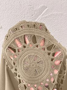 大码纯色V领插肩短袖系带宽松镂空两件套 - 杏色 - 查看 6