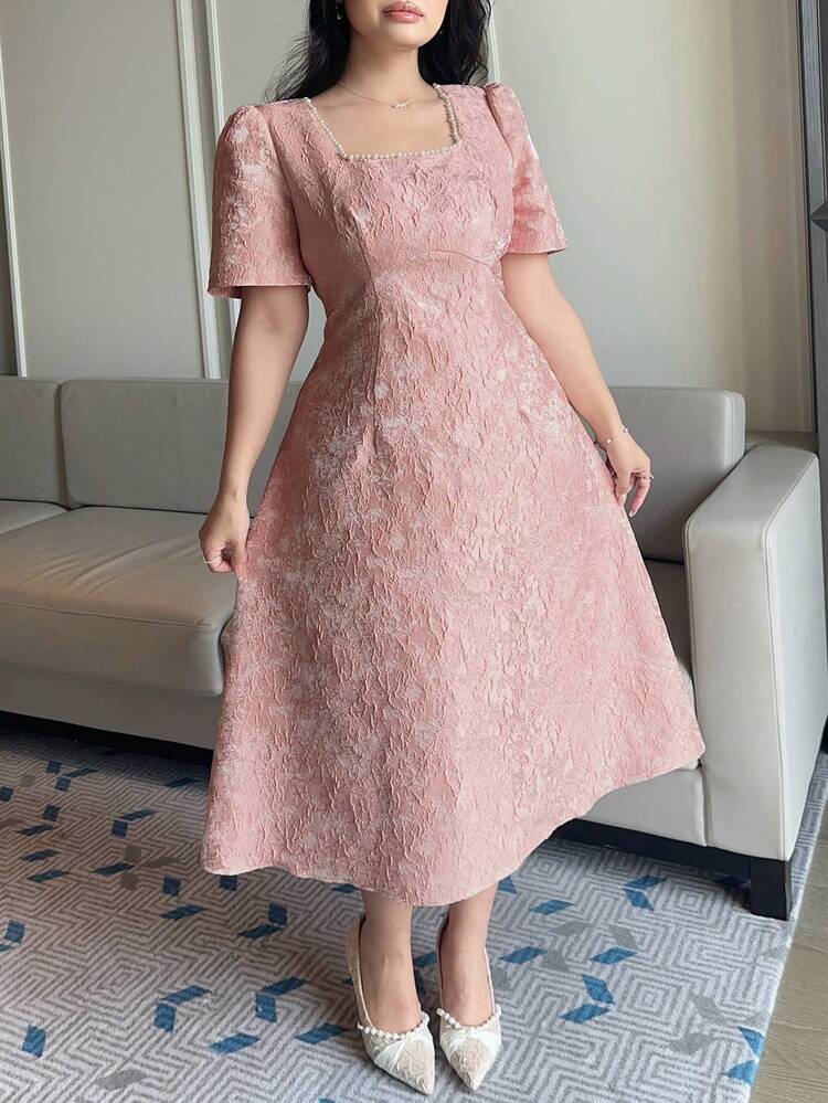 Dazy Plus Plus Size Women Square Collar Elegant Party Dress, Short Sleeve, Pink, Spring/Summer Sundress