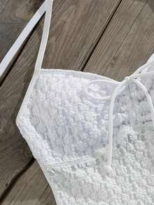 Swim Mod Ladies' Spring/Summer Beach Music Festival Knitted Jacquard Fabric White Halter Bow Knot Flower Cute Sweet Style Tankini Set - White - View 4