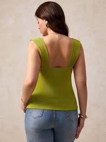 Elegantrix 大码女式优雅简约圆领褶皱金属装饰针织吊带背心，春夏款 - 綠色 - 查看 2