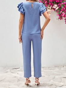 SHEIN Clasi Women's Round Neck Short Sleeve Shirt With Ruffle Trim And Detachable Belted Pants, 2pcs/Set - Blue - View 2