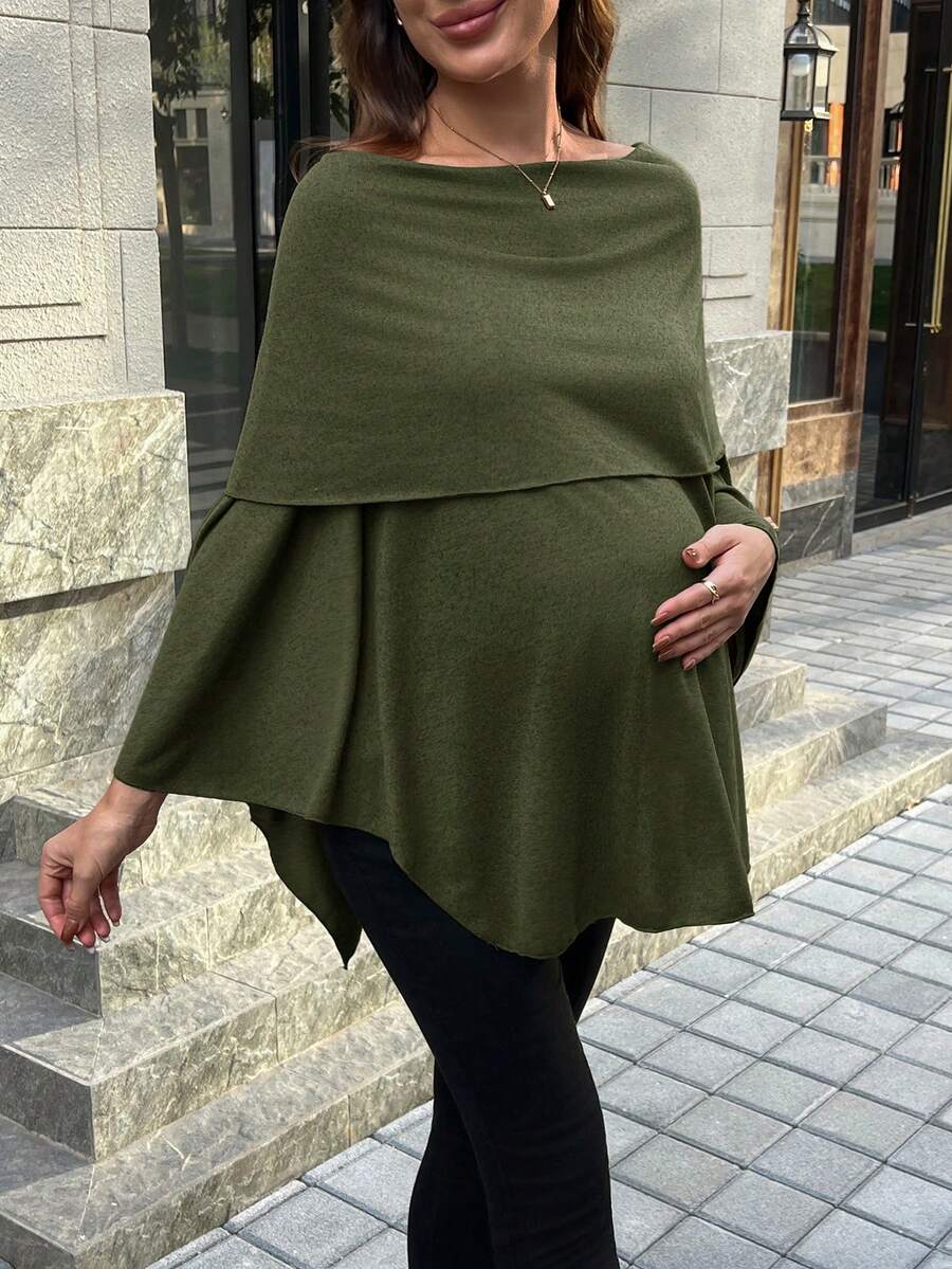 SHEIN Maternity Casual Solid Color Asymmetrical Hem T-Shirt - Army Green - View 1
