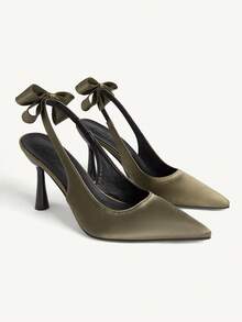 CUCCOO CHICEST 女士时尚尖头低帮细高跟后跟蝴蝶结装饰露跟优雅舒适浅口鞋，适合春秋季晚宴派对，黑色，圣诞节适用 - 軍綠色 - 查看 2