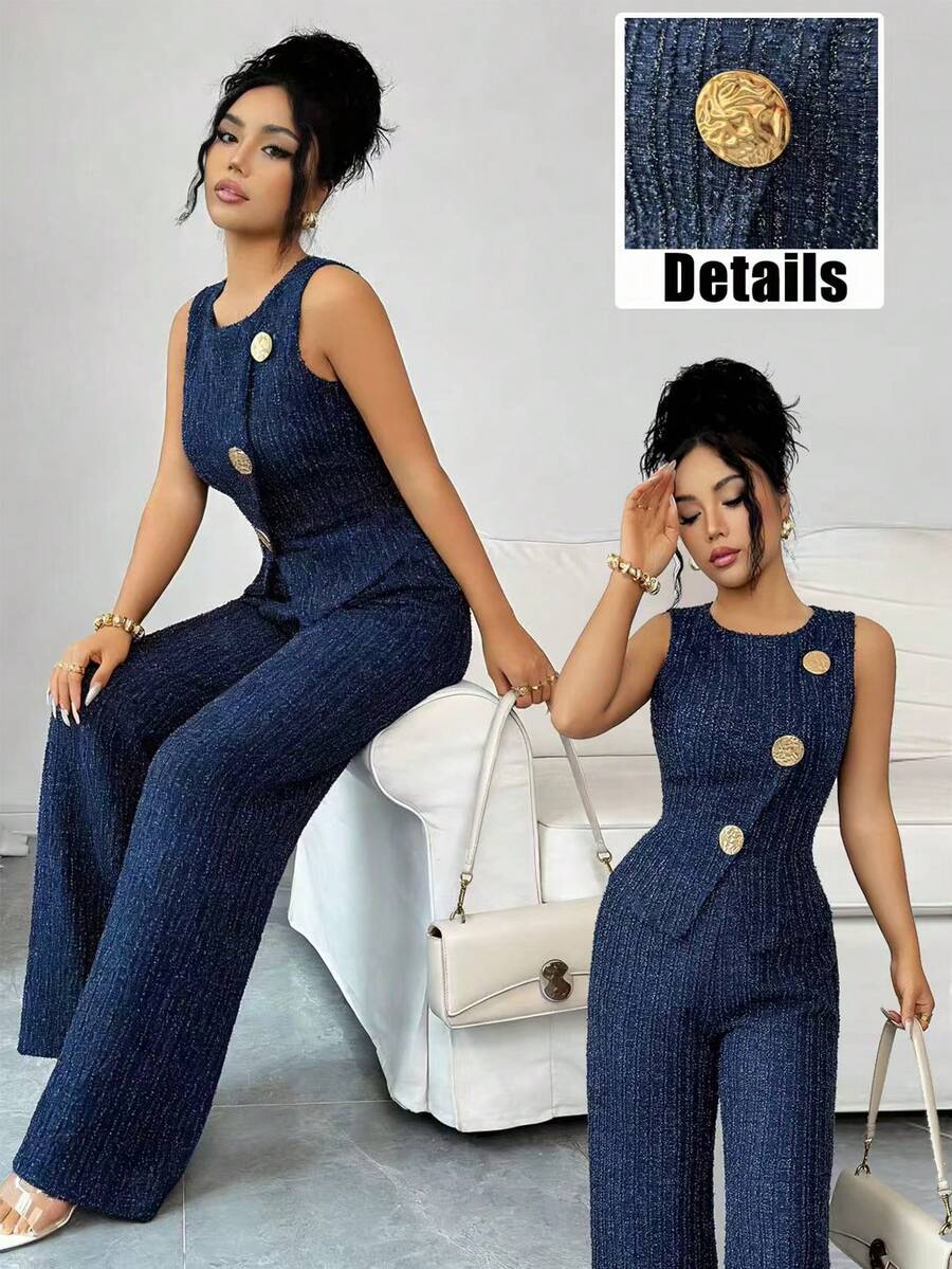 Elenzga 2pcs/Set Crew Neck Metal Button Sleeveless Waist Cinched Asymmetric Hem Blouse Top & Straight Leg Jeans Texture Fabric Navy Blue Autumn Elegant Office - Blue - View 1