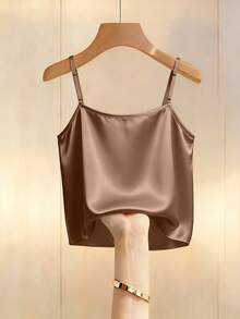 Franclia Tank Top Camisole Bertali Tipis Modis Model Baru, Gaya Musim Semi/Panas Terbaru, Bisa Dipakai Sendiri Atau Sebagai Lapisan, Dekorasi Satin dengan Manik-manik, Untuk Wanita - Coklat - View 2
