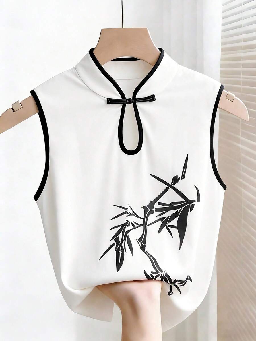 Franclia 优雅女士背心，黑白撞色竹子印花，中国风优雅假日夏季无袖上衣，情人节沙滩休闲女式印花T恤，嘉年华服装亮面上衣，中国风露脐上衣 - 白色 - 查看 1