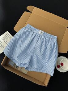 SHEIN 2pcs/Set Teen Girl Summer Casual Loose Fitting Shorts,Linen Striped And White Drawstring Wrap Shorts Set For Beach Holiday,Cotton Boxers - Blue and White - View 5