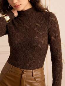 Lilora Blusa de manga larga con cuello mao y estampado botánico, ajustada, elegante y sexy, estilo "old money" de los años 2000, con influencia china, ideal para San Valentín, invitada de boda, vintage, fiesta, primavera y vacaciones de verano - Marrón - Ver 7