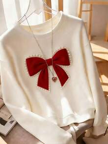 Franclia Sudadera de mujer talla grande con cuello redondo, hombros caídos, manga larga, perlas bordadas y lazo, para el Día de San Valentín - Multicolor - Ver 1