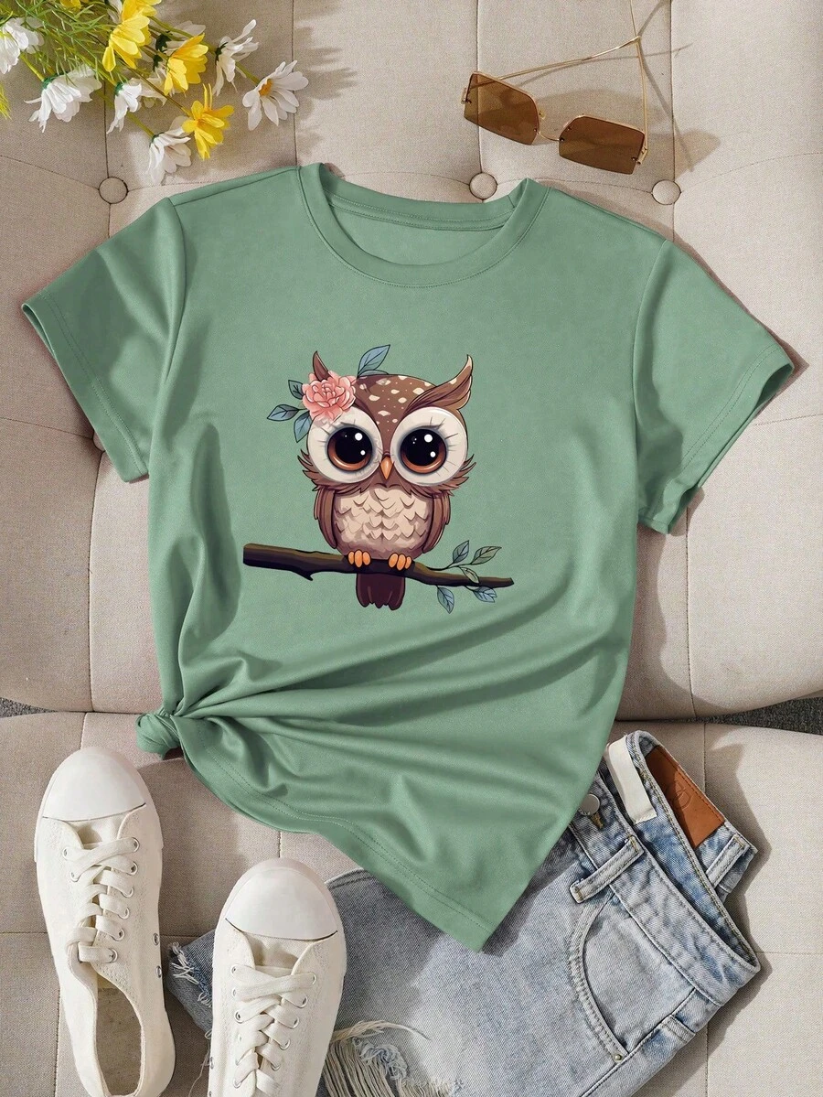 INAWLY Women's Short Sleeve Round Neck T-Shirt With Green Owl Print Graphic Tees Women Tops - Green - View 1