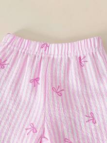 SHEIN Vintaside Kids 2件套女婴韩版可爱蝴蝶印花短袖翻领衬衫搭配白色梭织喇叭粉色蝴蝶裤套装，夏季两件套连衣裙衬衫和裤子，女婴公主休闲裤套装，正式粉色女婴休闲裤套装 - 粉色 - 查看 6