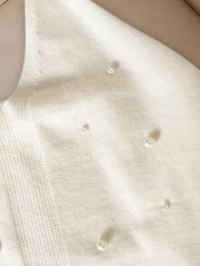 Franclia Women's Spring/Summer Simple And Stylish Solid Color Halter Neck Tie Bow Off-Shoulder Sleeveless Sexy Beaded White Slim Fit Pullover Knit Top, White Top, Women's Casual Top, Women's Vacation Outfit, Halter Neck, Tie, Cute, Vacation Classy Tops Cute Tops - White - View 4