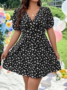 SHEIN Clasi 碎花印花泡泡袖夏季波西米亚风连衣裙 - 黑色 - 查看 1