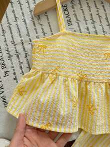 女宝宝可爱度假休闲条纹蝴蝶结装饰吊带背心和松紧腰裤套装 - 黃色 - 查看 4