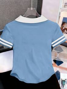 Resyla Women's Casual Short Sleeve T-Shirt With Knight Print And Contrast Collar - Baby Blue - View 2