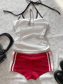 Attitoon 女士休闲性感紧身超低腰迷你短裤，适合夏季、运动、清爽型女孩、健身房穿着 - 紅色 - 查看 3