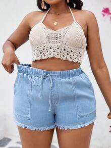 Slaydiva Quần short denim ôm sát, cạp chun, cỡ lớn, màu xanh dương - Rửa nhẹ - Xem 5