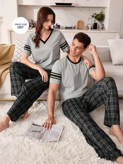 SHEIN American Casual Striped Print V-Neck Top And Plaid Print Pants Men Pajama Set