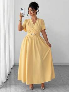 Elenzga 大码女装夏季新款法式黄色V领收腰显瘦优雅褶皱金属环装饰长裙，适合：日常休闲、通勤、办公、朋友聚会、小型派对、海滩度假 - 黃色 - 查看 5