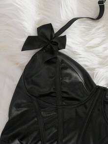 4pcs Satin Bow Sexy Lingerie Set - Black - View 6