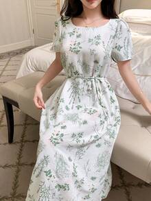 DAZY Women's Mid-Length Floral Print Nightgown, Spring/Summer - White - View 5