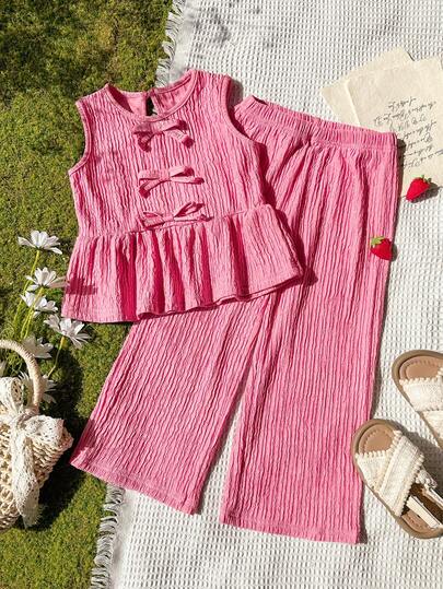 SHEIN Vintaside Kids 2pcs Young Girls Summer Casual Bow Decor Camisole & Pants Set