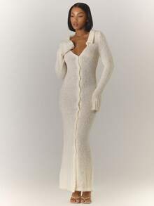 MUSERA 纽扣长袖长款针织开衫，秋冬休闲针织衫，日常外出、性感可爱又舒适，适合新年、感恩节、春季、新娘、单身派对、告别单身派对、婚礼等场合。 - 奶油色 - 查看 3