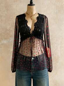 SHEIN LUNE Plus Size Sheer Long Sleeve Black Shirt With Red Heart  Day - Black - View 1