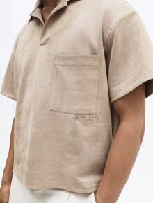SUMWON Essentials Cropped Boxy Fit Suede Polo Shirt With Chest Pocket Short Sleeve Collared Top Summer Casual Menswear - Apricot - View 6