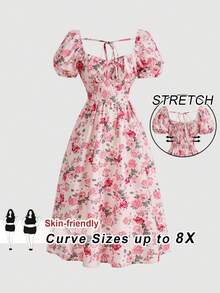 SHEIN CURVE+ 大码女式夏季花卉印花泡泡袖甜心领口茶会连衣裙