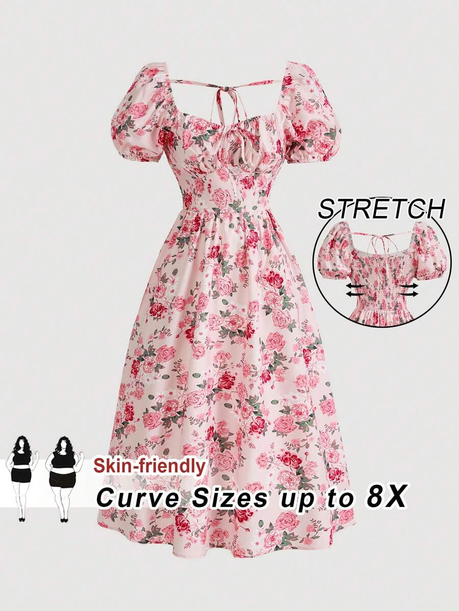 SHEIN CURVE+ 大码女式夏季花卉印花泡泡袖甜心领口茶会连衣裙