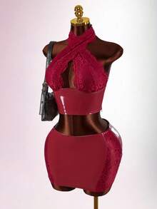 Amplova Women's Sexy 2 Pieces Set: Criss-Cross Lace Crop Top And Ultra Low-Waist Lace Patchwork Mini Skirt - Burgundy - View 3