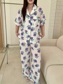 Dazy Plus 2件套郁金香印花宽松短袖上衣和长裤睡衣套装，春夏款 - 紫色 - 查看 1