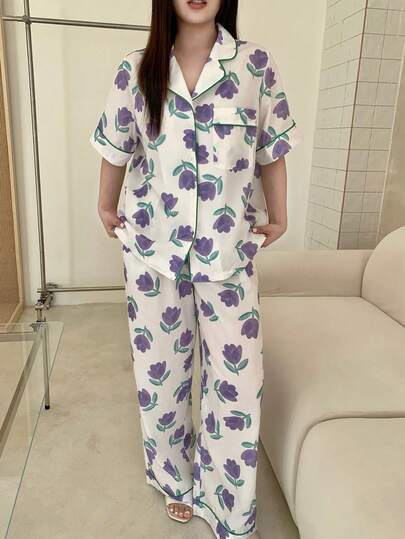 Dazy Plus 2件套郁金香印花宽松短袖上衣和长裤睡衣套装，春夏款