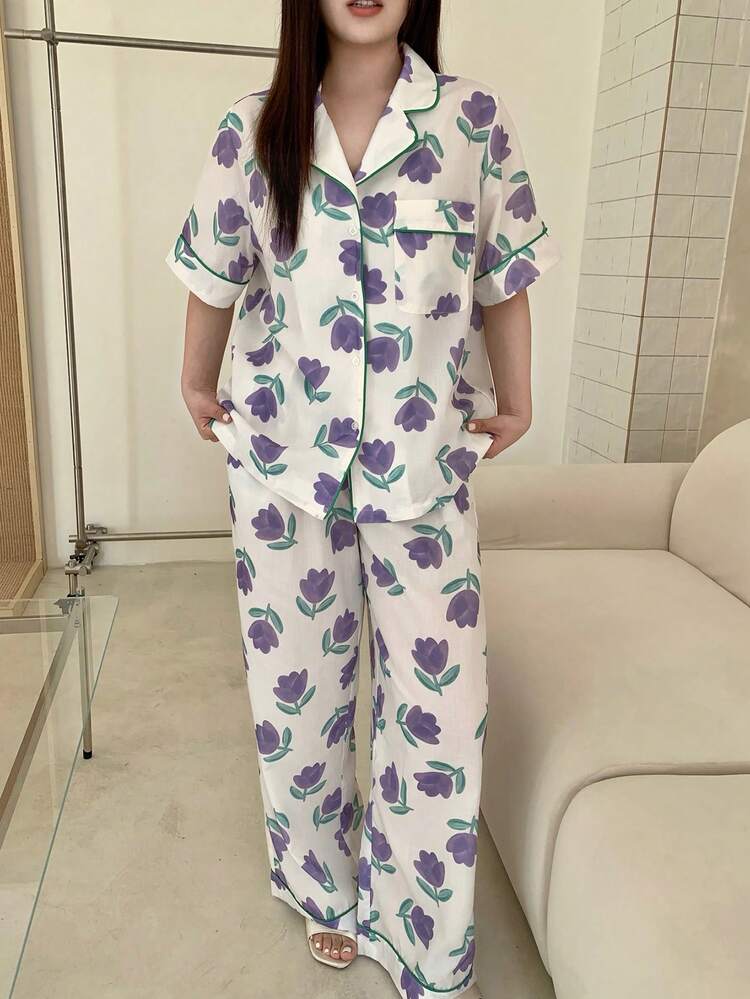 Dazy Plus 2pcs/Set Tulip Floral Print Loose Short Sleeve Top And Long Pants Pajama Set, Spring/Summer