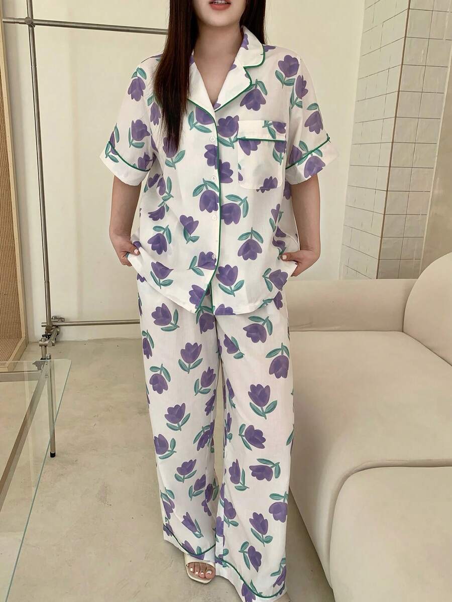 Dazy Plus 2件套郁金香印花宽松短袖上衣和长裤睡衣套装，春夏款 - 紫色 - 查看 1
