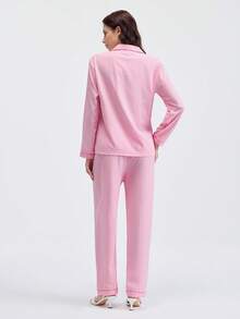 Loungeista 2 件女式蓝白条纹印花睡衣套装，长袖纽扣领上衣和裤子，休闲睡衣家居服，适合秋冬，秋季服装 - 粉色 - 查看 2