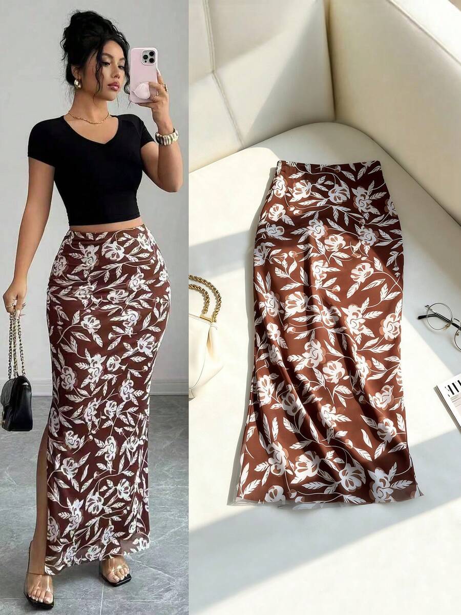 Rafferiza Women's Elegant Floral Print Bodycon Slit Mesh Midi Skirt