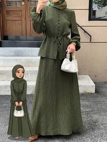 Solavon 女士休闲纯色纹理长袖上衣和半裙两件套，秋季 - 橄欖綠 - 查看 4