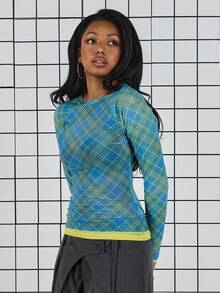 COUREZ 长袖格纹网纱上衣 / Y2K 冬季外出穿搭 性感外出穿搭 夜间外出穿搭 性感 - 淺藍色 - 查看 5