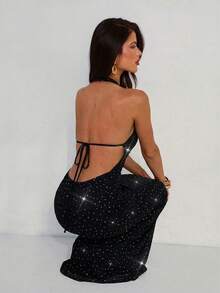 Aloruh Đầm nữ đi nghỉ mát cổ chữ V sâu hình sao biển màu be trơn, chất liệu có họa tiết, kiểu cổ yếm, hở lưng, xẻ cao. - màu đen - Xem 8