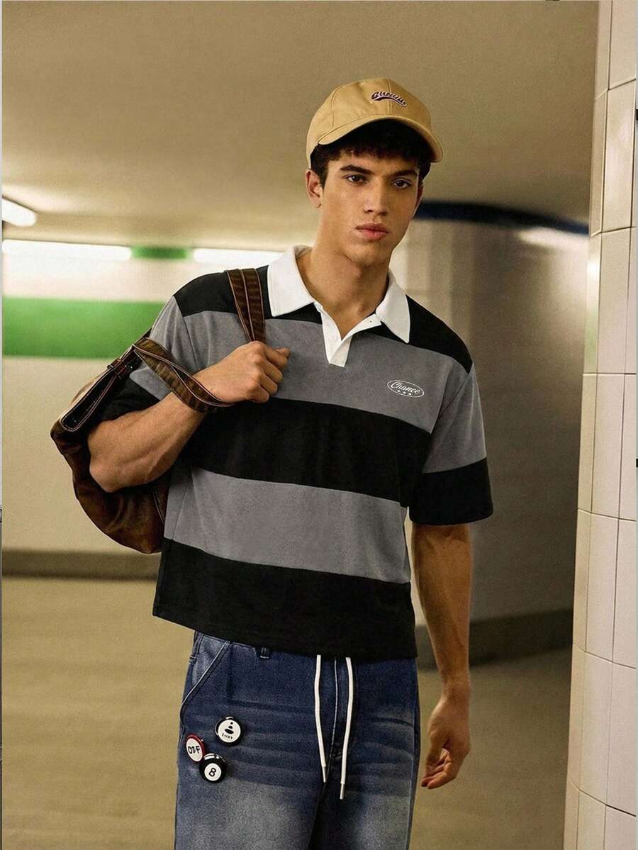 SWAVVY Men's Striped Short Sleeve Casual Commuter Polo Shirt - Black - View 1