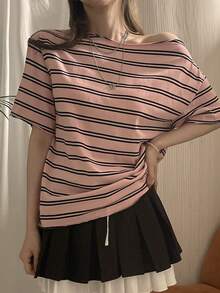 DAZY 女士粉色条纹宽松不对称肩部T恤 - 粉色 - 查看 6